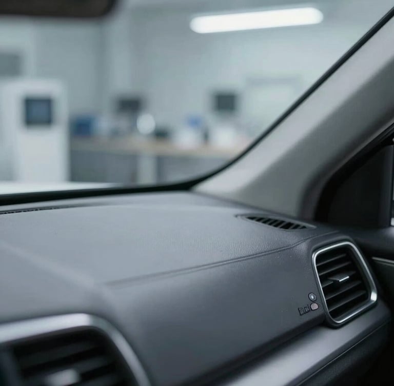 Close-up of a perfectly detailed car dashboard, clean geometric lines, cool clinical workshop lighting, right side of the frame