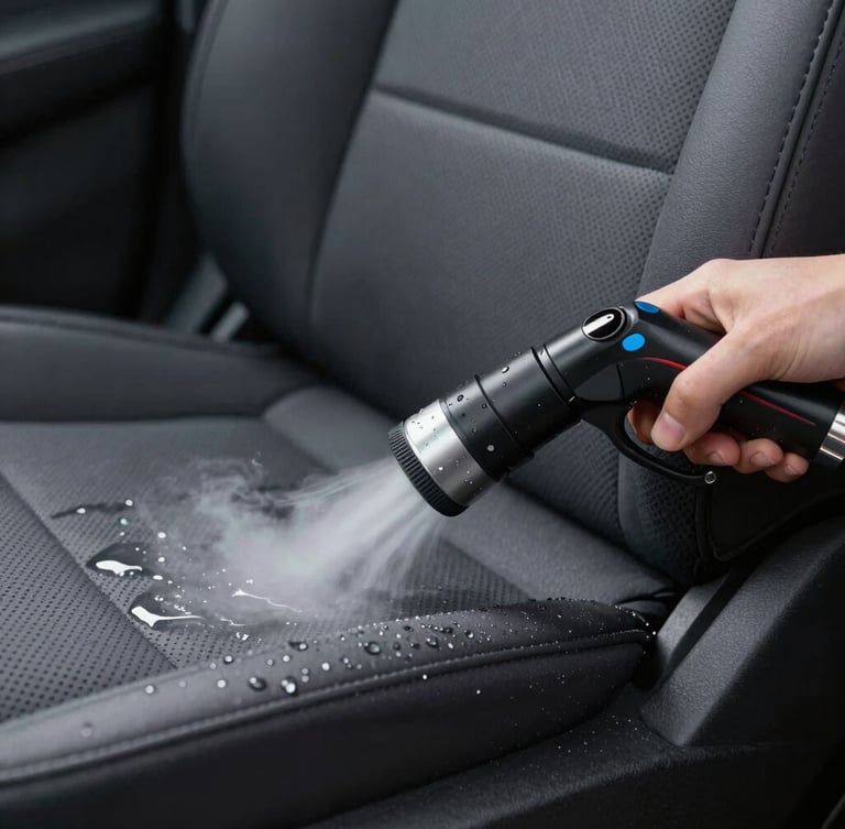 Close-up of a professional steam extraction nozzle deep-cleaning a dark grey car seat fabric, water droplets and clean texture visible under cool LED light.