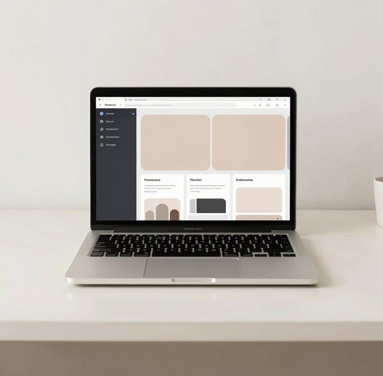 A clean minimalist desk with an open laptop showing a highly organized digital workspace, soft morning light, muted earth tones
