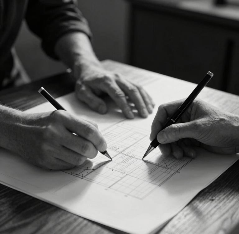 Close-up black and white photograph of hands collaborating over structural diagrams on a dark wooden table, hard directional light from the side creating sharp highlights and deep shadows, minimalist corporate environment.