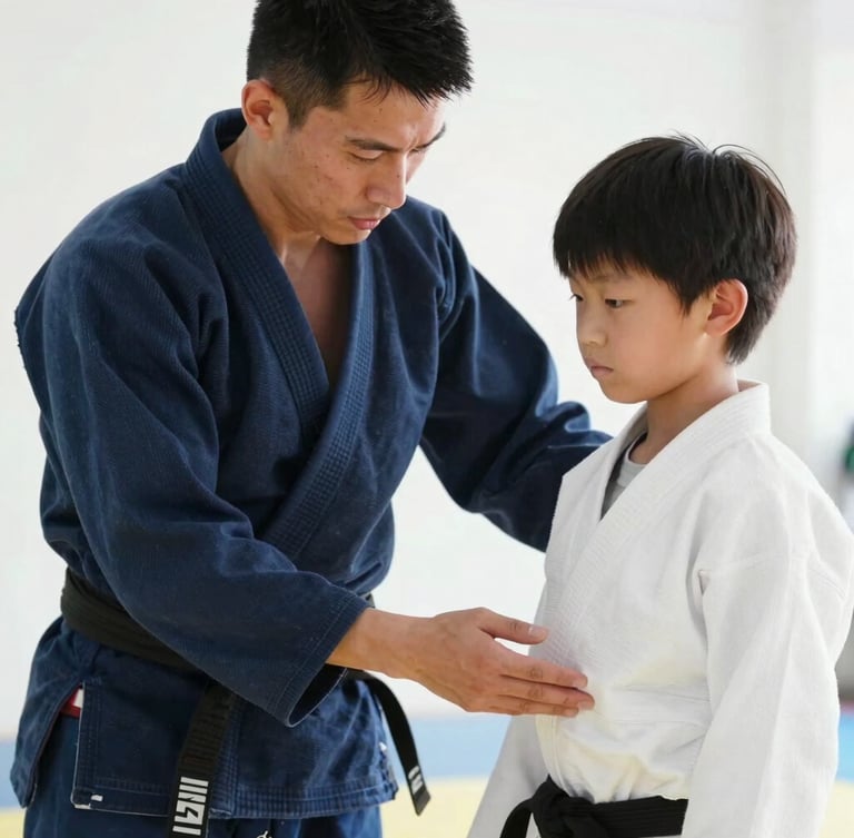 A coach in a dark navy dobok offering hands-on form correction to a young student in a pristine white uniform, bright daylight, high-key clean studio setting, close-up focused expression.