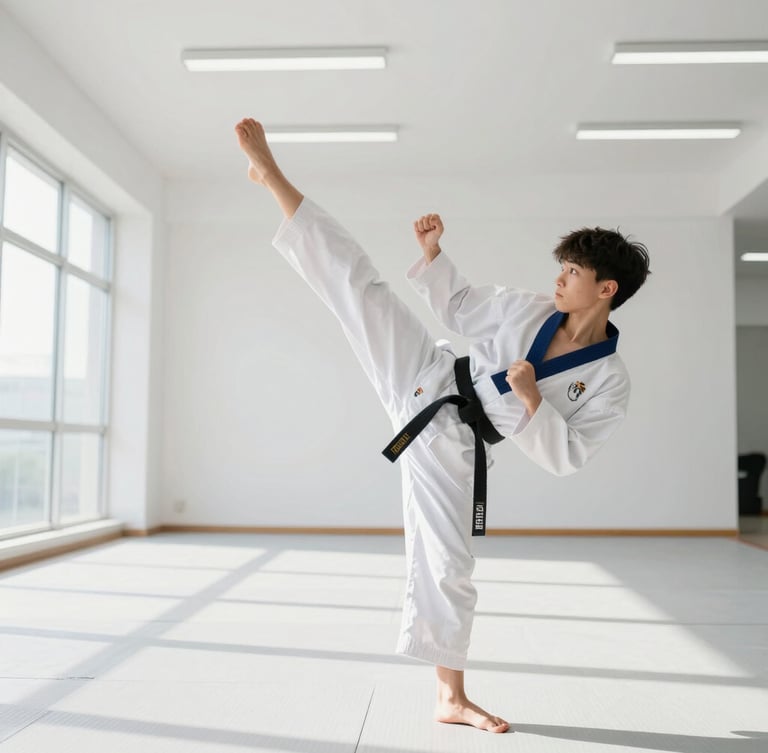 Bright, daylight-flooded modern dojang interior with crisp white mats, a student in a pristine white dobok executing a precise high kick, clean architectural lines, 50mm athletic photography