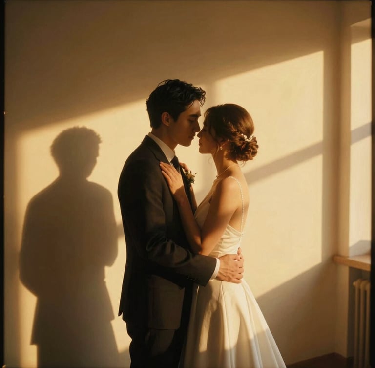 Cinematic portrait of a wedding couple embracing at golden hour, warm golden hour light, rich shadows, shallow depth of field, anamorphic lens flare, 35mm