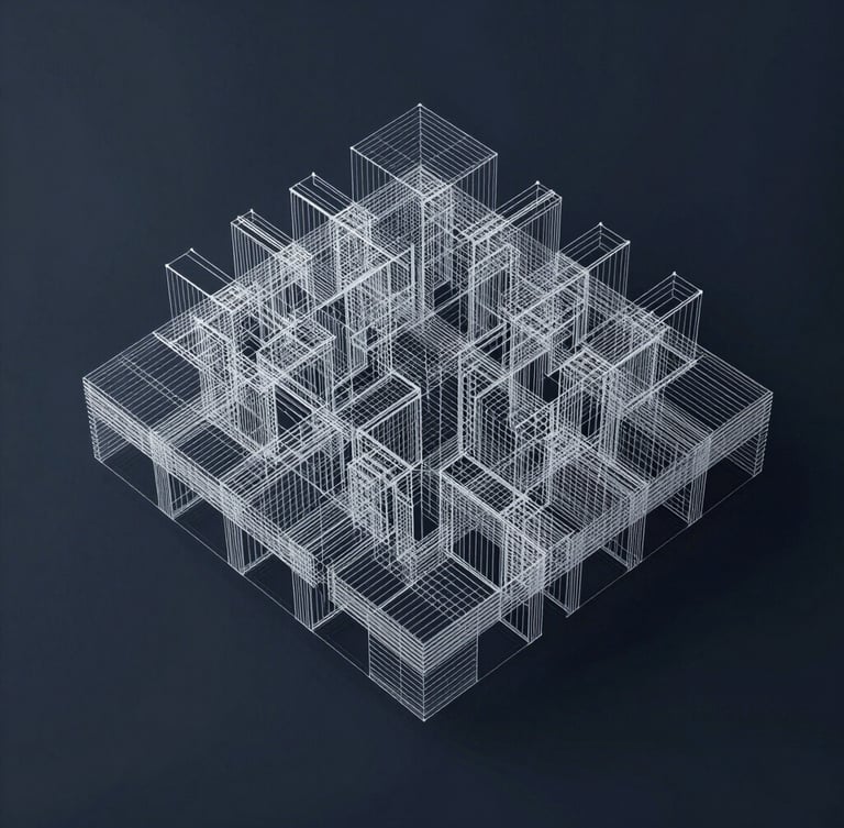 Abstract 3D vector wireframe representing grid loads, clean white lines on a deep slate background, technical schematic style.
