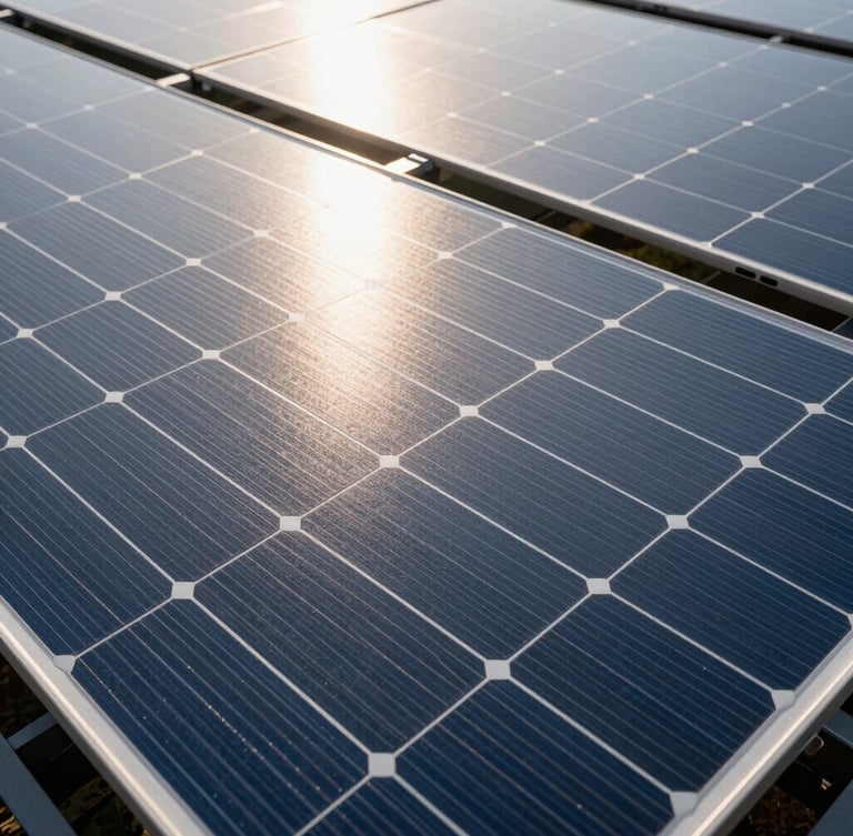 Top-down orthographic view of high-performance silicon solar cells, clean geometric lines, crisp morning light reflecting off the metallic grid lines, technical blueprint style.