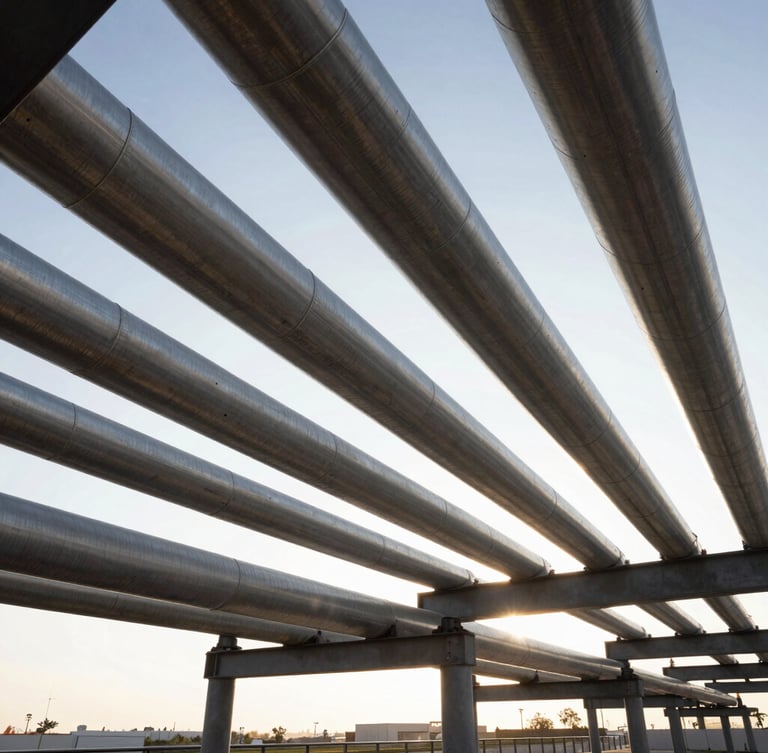 Extreme wide-angle architectural shot of clean, geometric industrial gas pipelines under crisp morning light, high-contrast structural lines, negative space.