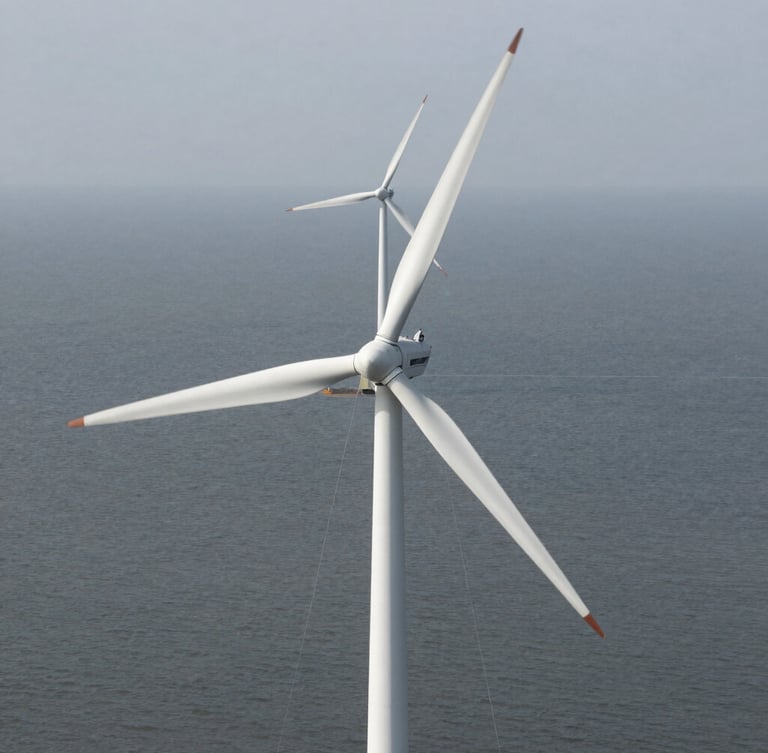 Top-down orthographic view of an industrial wind turbine array, clean white blades against a desaturated grey sea, overcast daylight, architectural grid lines overlaid.