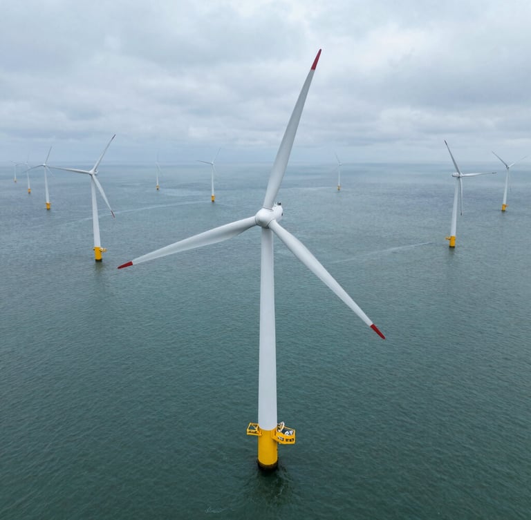Top-down orthographic drone view of a modern offshore wind turbine array in overcast daylight, crisp technical composition, desaturated teal water.