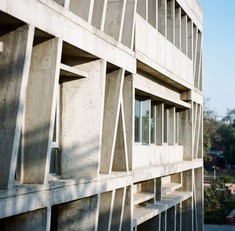 Architectural clean shot of the modern concrete facade of the IIT Delhi library, bright morning sun casting long shadows, shallow depth of field, 35mm lens