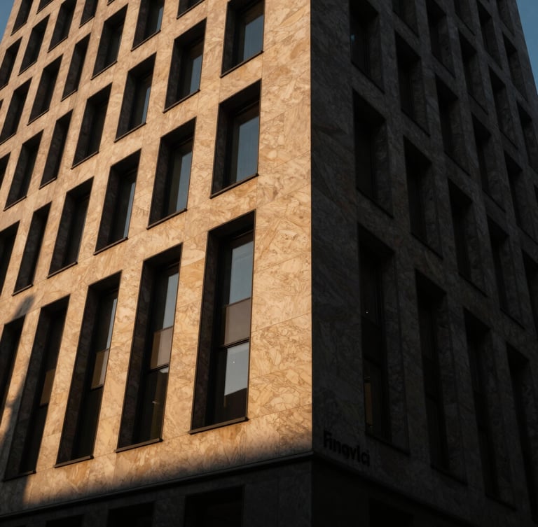Dramatic architectural angle of the Fingerclic Building facade, sharp shadows, golden-hour light hitting warm travertine stone, wide-angle lens, 35mm