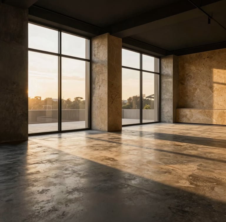 Pristine empty showroom interior flooded with dramatic golden-hour window light cutting across clean concrete floors, concrete pillars, warm travertine details
