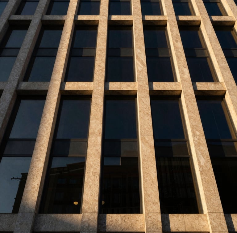 Cinematic architectural photograph of the Fingerclic Building facade at golden hour, sharp geometric lines of concrete and glass, dramatic shadows cutting across warm travertine surfaces, wide-angle lens, 35mm.