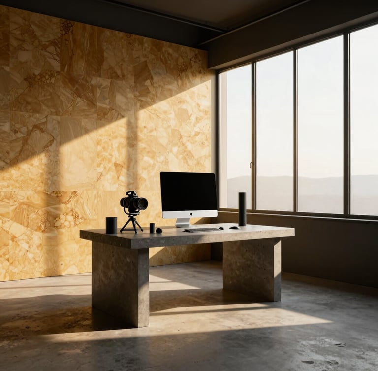 Pristine empty digital studio flooded with golden-hour window light, a high-tech 3D rendering setup on a concrete desk, warm travertine walls, dramatic shadows, 35mm