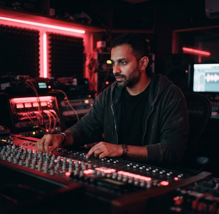 Moody portrait of Abhishek Anand, founder of Kurfaat Records, working at a studio console with glowing neon-crimson lights, cinematic studio photography, shallow depth of field, 35mm