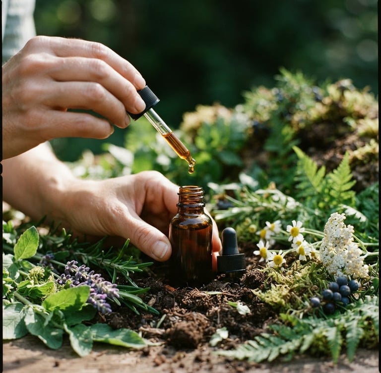 Close-up of hands gently pouring a rich amber essential oil into a small glass dropper bottle, surrounded by fresh, vibrant green wild-harvested botanicals and dark, rich soil, natural directional sunlight casting soft shadows, eye-level shot, shallow depth of field, 35mm.