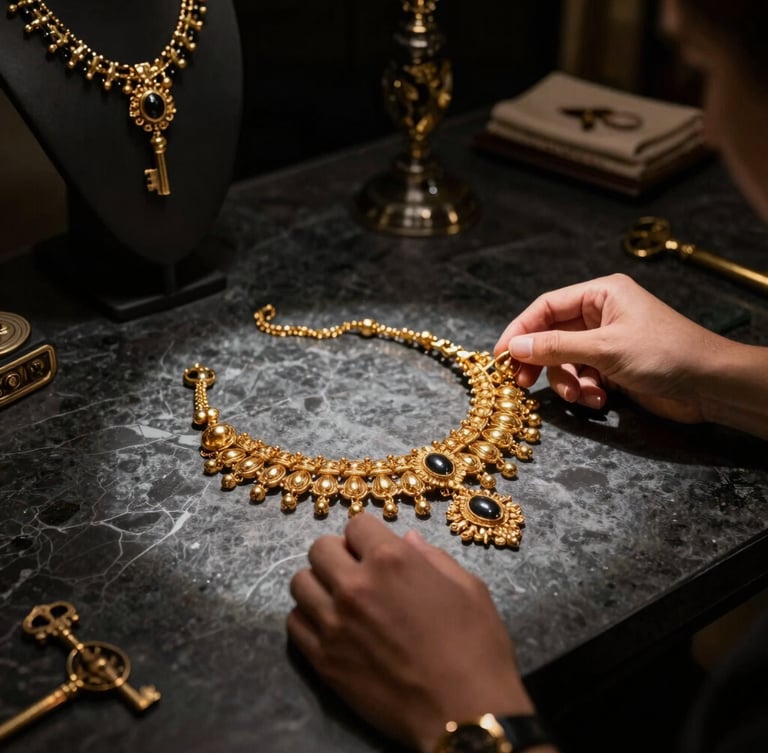 Luxurious private consultation room in Baghdad, dark obsidian stone desk, hands of an artisan holding a heavy gold bridal necklace, focused spotlighting, 50mm