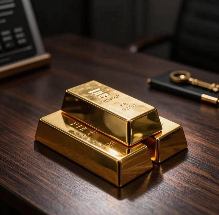 Luxurious dark-key photography of a private secure gold consultation office, gold bars on a dark wood table under a single spotlight, deep shadows, 50mm