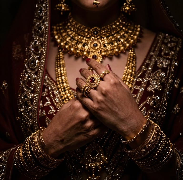 A close-up portrait of hands wearing heavy, traditional gold bridal jewelry, dramatic low-key lighting, focused spotlight highlighting the intricate metallic textures, deep shadows, 50mm