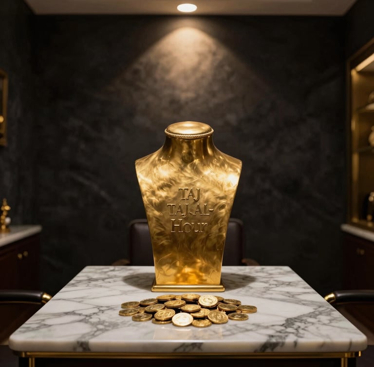 Luxurious private consultation office of Taj Al-Hoor in Baghdad, dark obsidian walls, warm golden spotlights on a marble table with gold coins, elegant Middle Eastern luxury, 50mm portrait