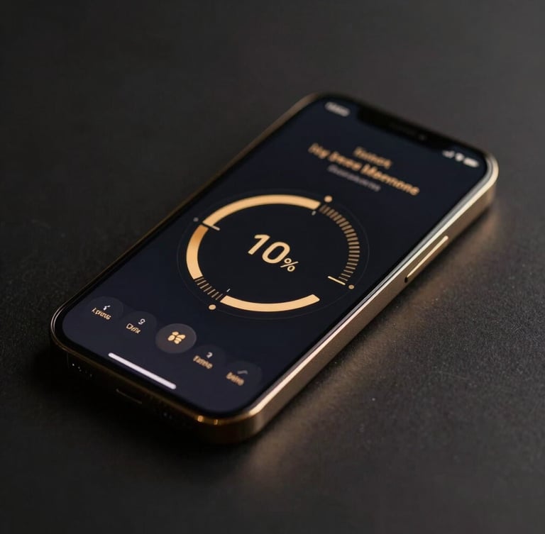 Sleek modern smartphone showing a dark luxury user interface with gold metrics, clean circular aura score chart, soft golden-hour edge lighting, dark moody background, shallow depth of field
