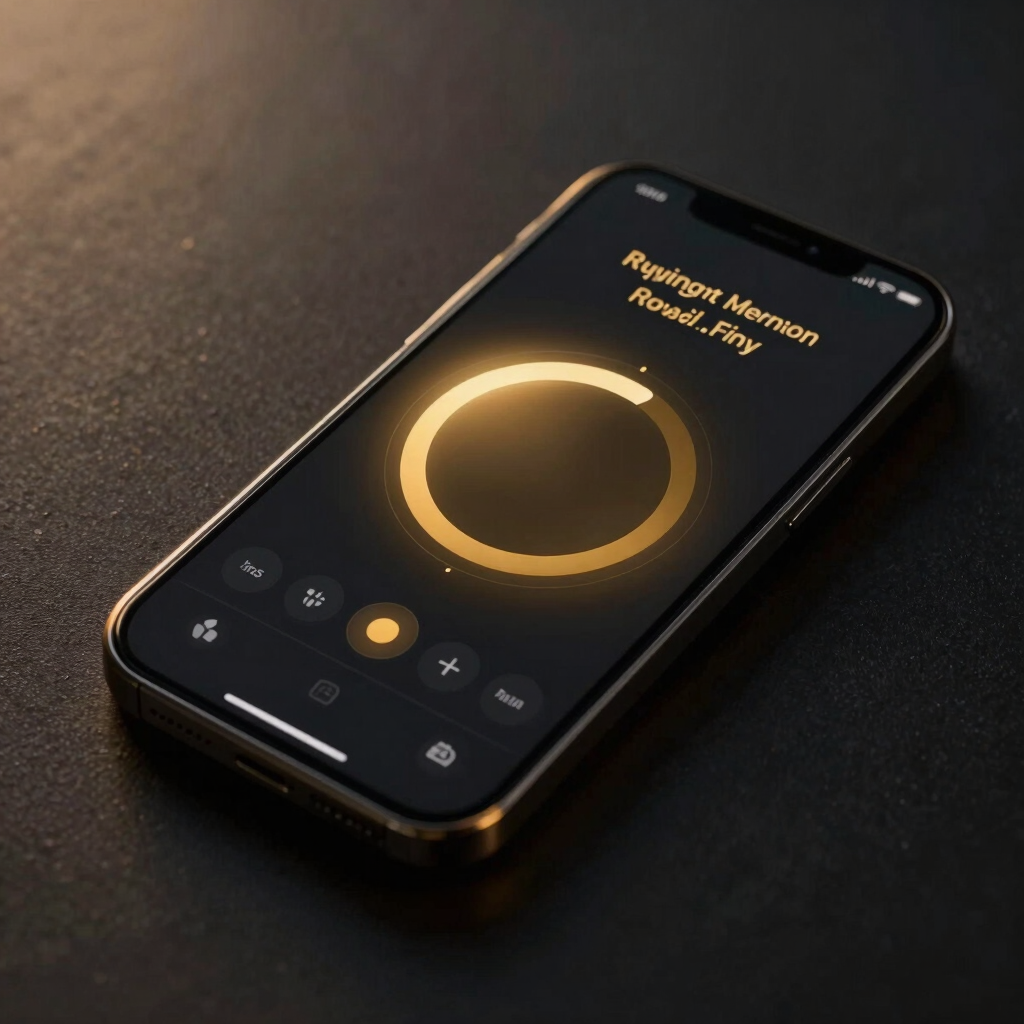 Sleek modern smartphone mockup displaying a golden aura score UI, dark moody editorial photography, soft golden-hour edge lighting, deep obsidian and warm gold tones, shallow depth of field