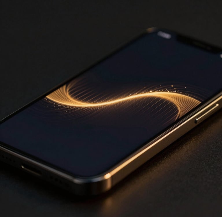 Sleek modern smartphone mockup displaying a premium dark UI with golden glowing aura chart, close-up macro shot, dark moody editorial photography, soft golden-hour edge lighting