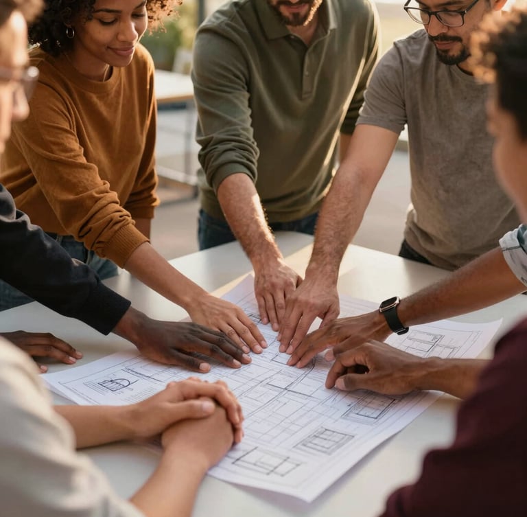 Candid medium shot of diverse community leaders in Oakland, hands clasped over a shared blueprint on a table, soft golden-hour light, focus on collaboration and shared vision.