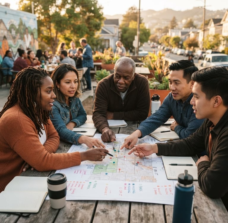 Warm, candid photo of diverse Oakland community leaders collaborating over a neighborhood plan, hands pointing at a map on a table, natural golden-hour light, shallow depth of field, rich earthy tones.