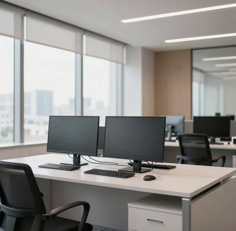 Sleek modern corporate office in Panama City, clean workstations with dual monitors, bright natural light, professional neutral tones, 35mm