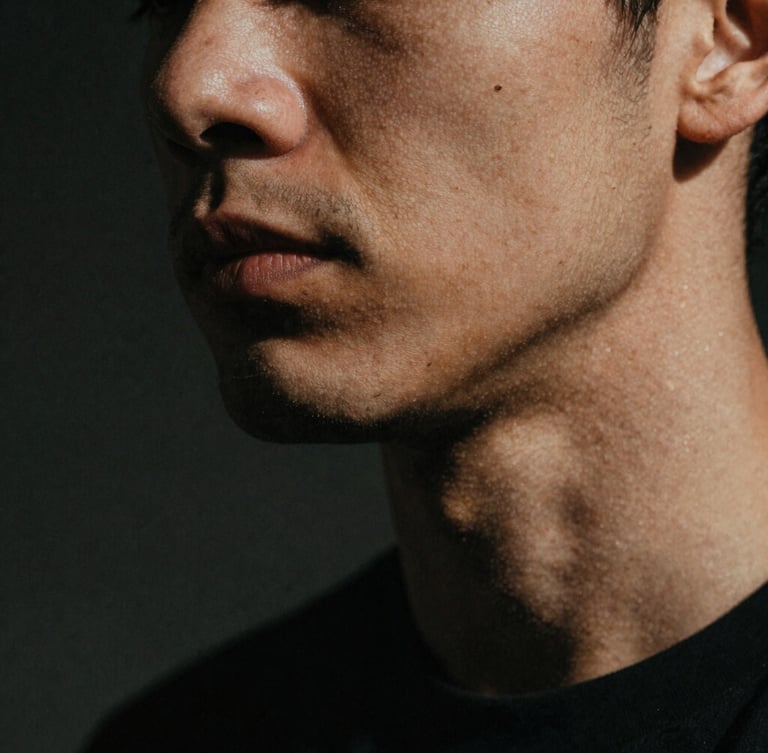 Portrait close-up of a man's jawline, subtly clenched, strong shadows, moody natural light, raw film grain, 35mm lens.