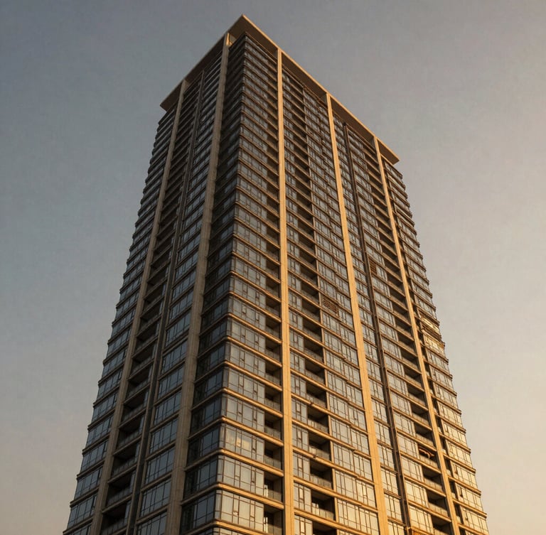Low-angle architectural elevation of a modern luxury residential skyscraper in Gurugram, warm golden hour twilight reflecting off glass facade, high contrast, 35mm lens