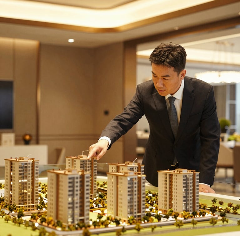 Professional property consultant pointing at a architectural model of a modern development, warm interior lighting, high contrast, clean composition