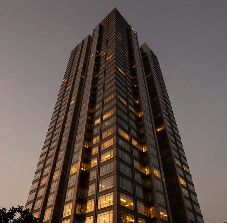 Wide-angle architectural elevation of a modern luxury skyscraper in Gurugram at twilight, sharp geometric lines, warm golden light spilling from windows, rich deep tones