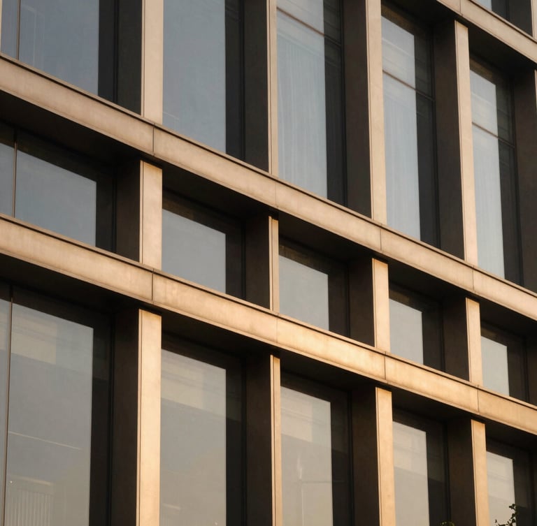 Tight architectural detail of a premium office facade in Global Foyer, Gurugram, warm champagne gold accents on dark metal frames, soft afternoon sun, 35mm lens