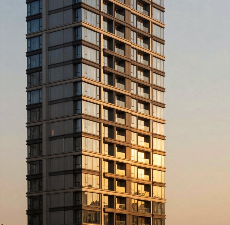Architectural elevation of a modern luxury residential skyscraper on Golf Course Road, warm golden hour sunlight reflecting off high-end glass facade, 35mm editorial architectural photography.