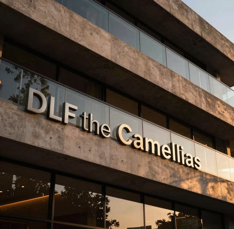Architectural detail of DLF The Camellias facade, warm evening twilight light, high-contrast concrete and glass curves, 35mm lens, premium architectural photography
