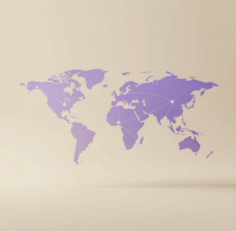 minimalist 3d render, soft warm studio light, ivory and violet tones, clean geometric shapes, abstract global networks, ultra-premium, flowing lines, subtle world map patterns, wide composition, off-center subject