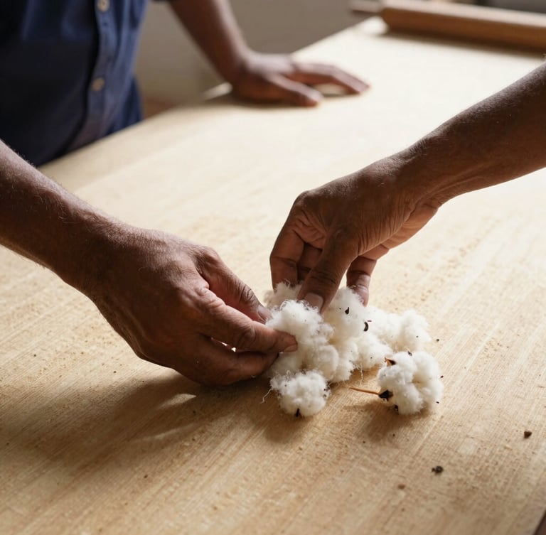 Close-up of hands in a bright, naturally lit Indian textile workshop inspecting raw cotton fibers, high-contrast shadows, warm sand tones, 35mm editorial photography.