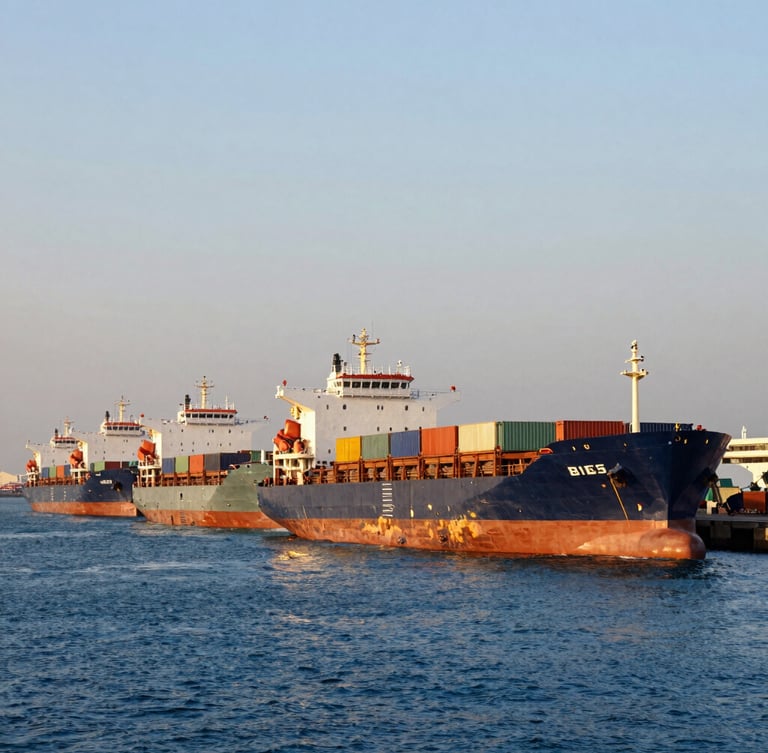 Wide environmental shot of a modern Indian shipping port at golden hour, cargo vessels lined up, warm light reflecting on deep blue water, professional 35mm photography