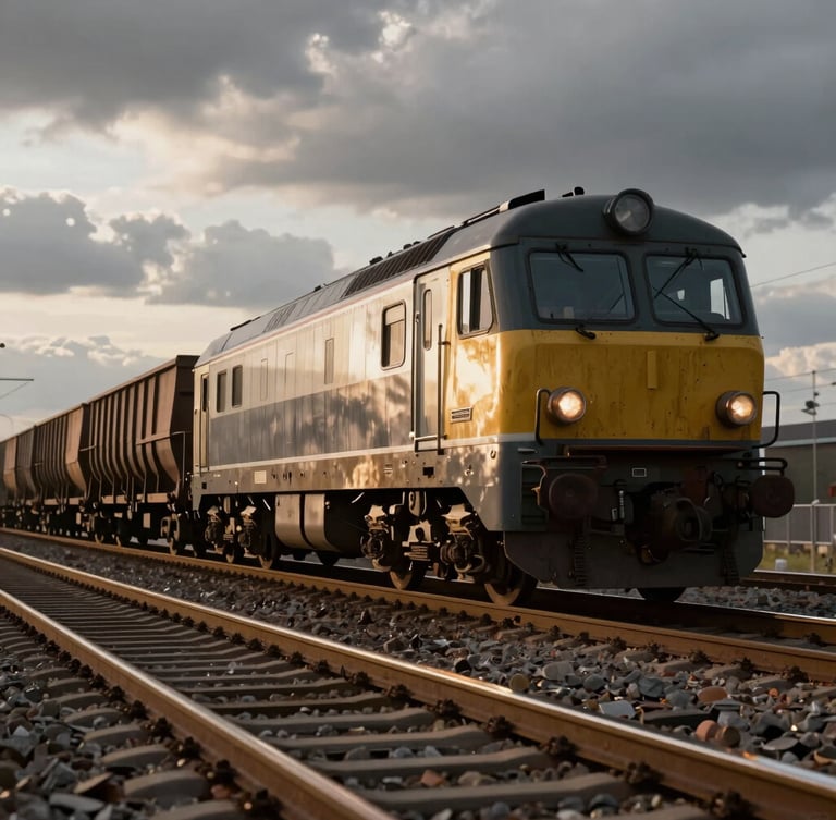 Moody overcast sky over a German railway line, low-angle telephoto shot of a heavy freight train in motion, glinting steel rails