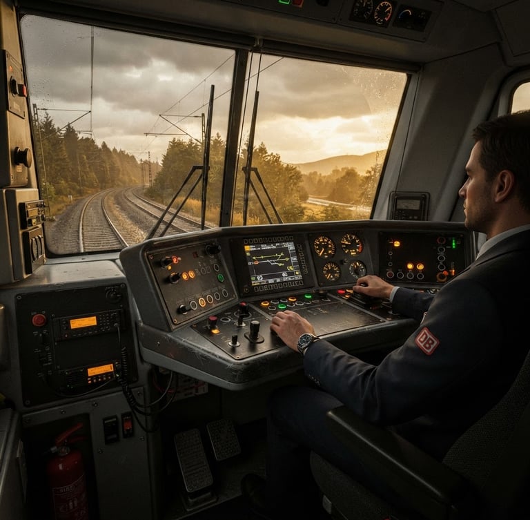 Eye-level interior view of a highly detailed German locomotive cab, glowing dials and screens under moody overcast light, crisp digital 3d render