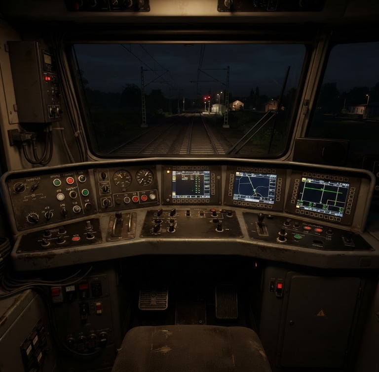 Direct eye-level interior cab view of a German BR 101 locomotive at night, glowing cabin lights, sharp digital 3d render, realistic steel textures
