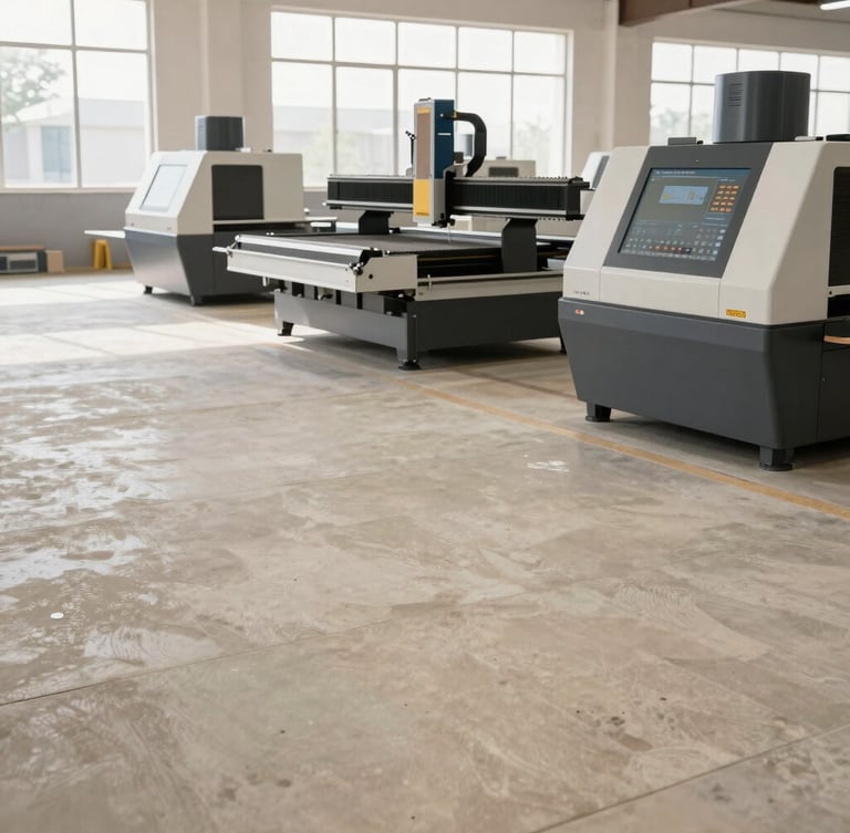 Sharp architectural photograph of a modern furniture manufacturing floor in Kota, Rajasthan, clean sandstone-colored concrete floors, high-tech CNC machines, bright natural daylight streaming through high windows, 35mm