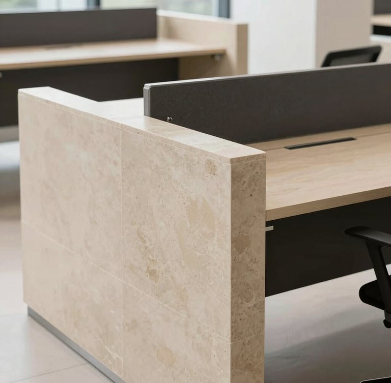 Sharp architectural photograph of a finished commercial office installation, showcasing clean sandstone and charcoal modular desks, high-detail steel joints, bright natural daylight, 35mm