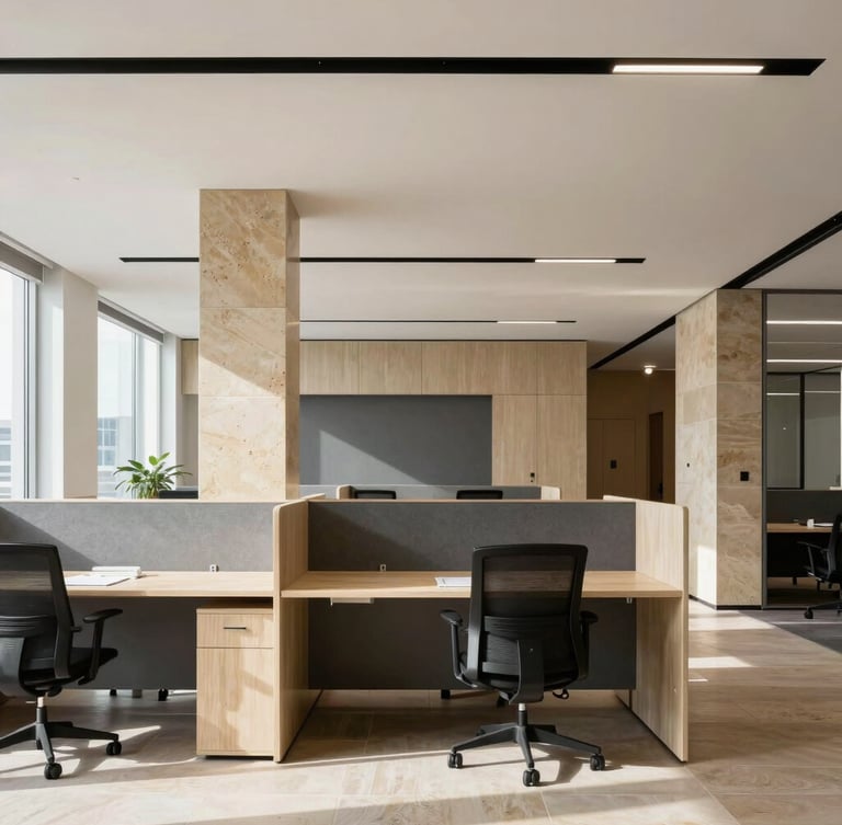 Straight-on architectural shot of a modern corporate office interior featuring clean modular workstations, natural daylight, sandstone accents, 35mm