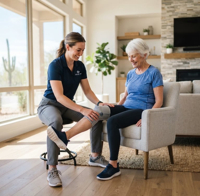 Professional physical therapist guiding a client through a gentle knee movement in a bright, modern living room, natural Arizona sunlight streaming through windows, shallow depth of field, clean crisp tones.