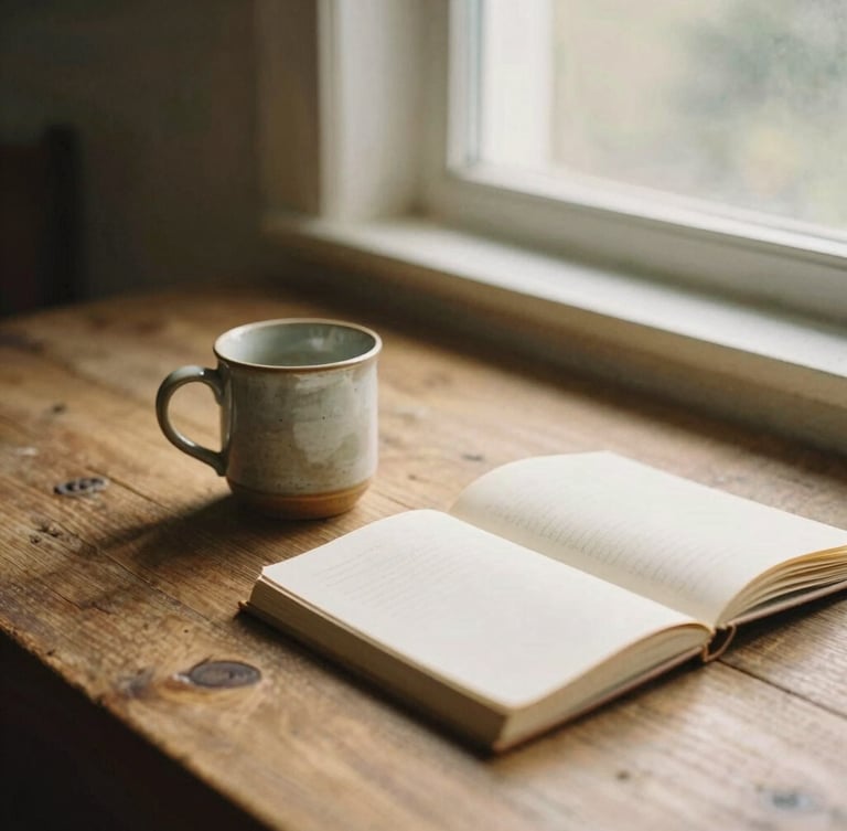 A rustic wooden table in warm golden-hour window light, a single ceramic mug and open linen journal, shallow depth of field, 35mm film.