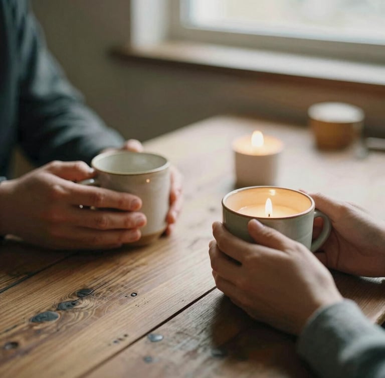 Hands holding warm ceramic mugs over a rustic wooden table, soft candlelight, intimate atmosphere, unposed, 35mm film.
