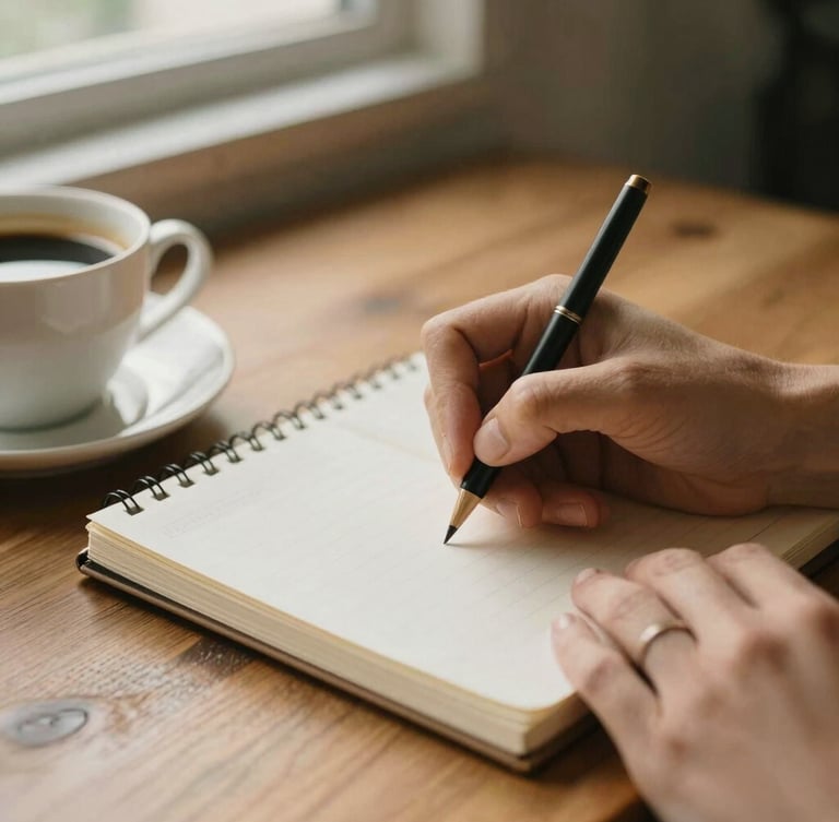 Close-up of hands writing in a linen-bound journal on a wooden table next to a warm cup of coffee, soft window daylight, earthy tones, 35mm film