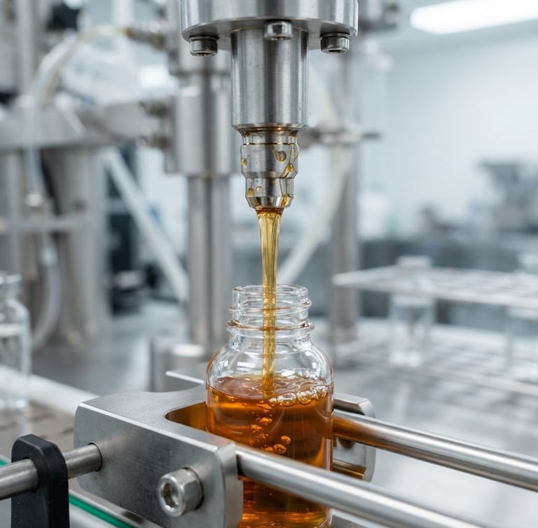 Macro close-up of a stainless steel automated bottling nozzle dispensing a thick amber cosmetic liquid into a clear glass bottle, bright clinical laboratory lighting, sharp focus, 35mm lens